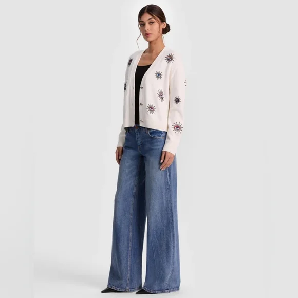 Alice + Olivia White Cardigan with Multicolor Embroidery BRADLEY SHORT EMBELLISH - Picture 5 of 11